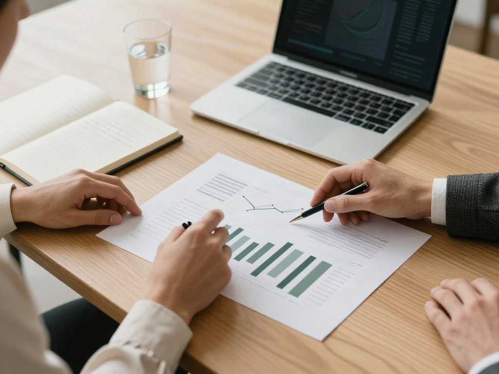 A close-up of a collaborative business review with analytics, notes and a laptop